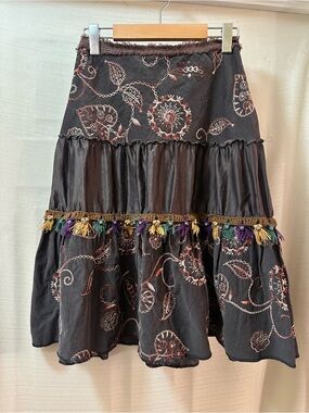 Boho Embroidered Tiered Tassel Midi Skirt Approx Size Small Hippie Festival